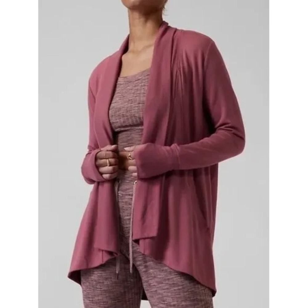 Athleta Pranayama Wrap Cardigan Plum Purple Open Front Thumbhole Size M